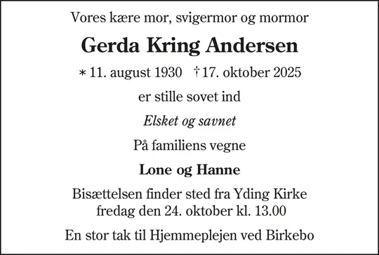 Dødsannonce Gerda Kring Andersen