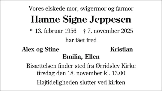 Dødsannonce Hanne Signe Jeppesen