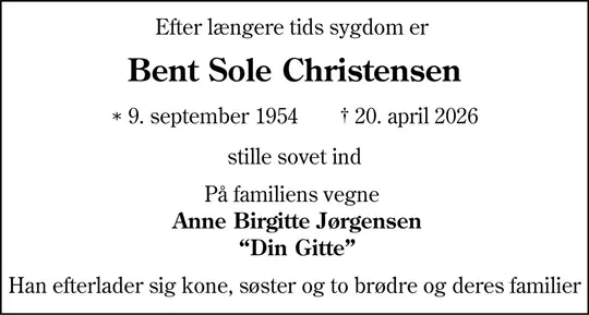 Dødsannonce Bent Sole Christensen