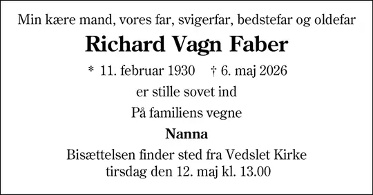 Dødsannonce Richard Vagn Faber