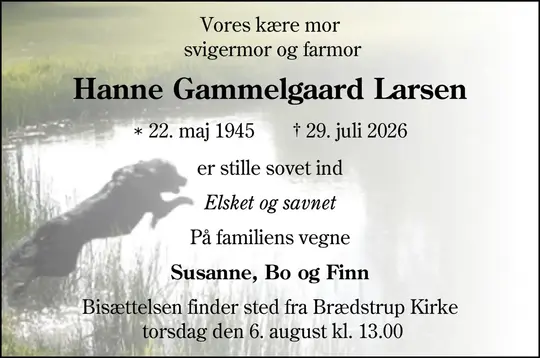 Dødsannonce Hanne Gammelgaard Larsen