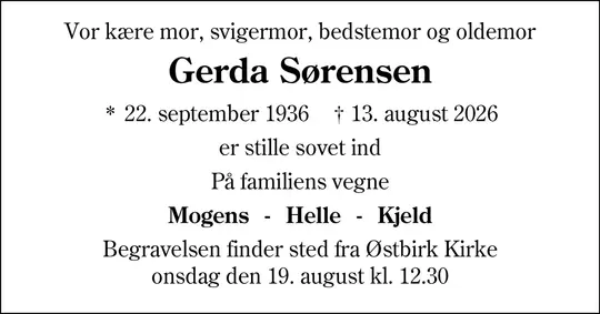Dødsannonce Gerda Sørensen
