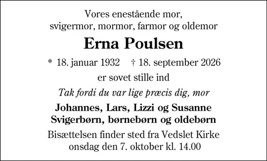 Dødsannonce Erna Poulsen