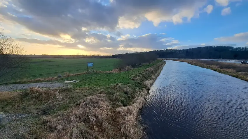 Billed af Kolindsund med grøn mark og blå himmel