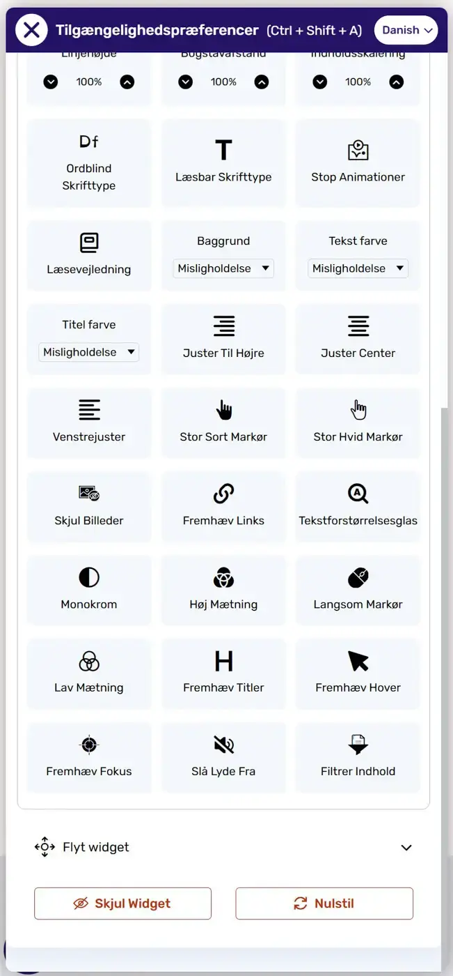 Menu med tilgængelighedsknapper