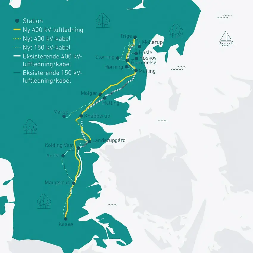 Kort over Nyt elnet Aarhus-Aabenraa (Energinet)