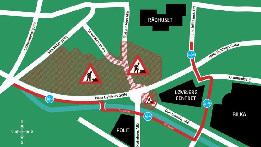 Fodgængere og cyklister ledes væk fra arbejdsområder på Niels Gyldings Gade