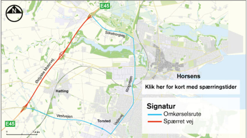Østjyske Motorvej, E45, lukkes for trafik ni nætter ved Horsens