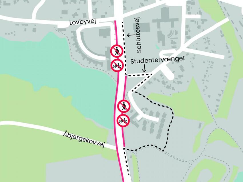 Fortove og cykelstier over dæmningen på Schüttesvej vil være spærret i ca. tre uger