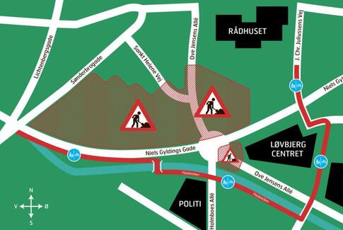 Fodgængere og cyklister ledes væk fra arbejdsområder på Niels Gyldings Gade